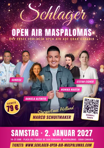 Plakat des Schlager Open Air Maspalomas 2027 mit Marco Schuitmaker, Sunrise, Daniela Alfinito, Monika Martin und Stefan Eigner